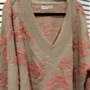 Anthropologie Gray and Pink Floral V-Neck Sweater